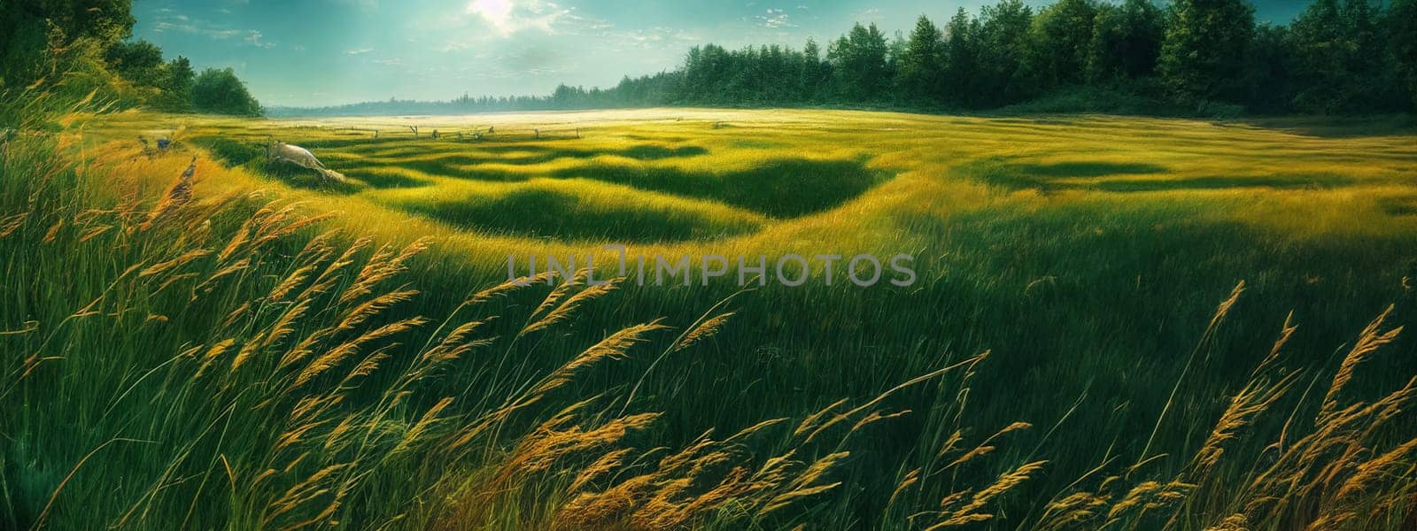 Green field, tree and blue sky.Great as a background,web banner. Generative AI. by Benzoix