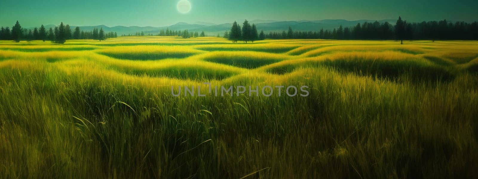 Green field, tree and blue sky.Great as a background,web banner. Generative AI. by Benzoix