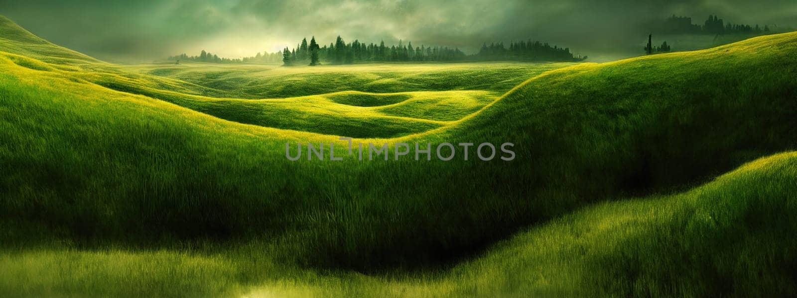 Green field, tree and blue sky.Great as a background,web banner. Generative AI. by Benzoix