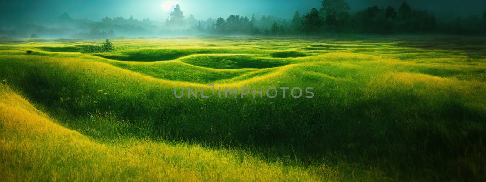 Green field, tree and blue sky.Great as a background,web banner. Generative AI. by Benzoix