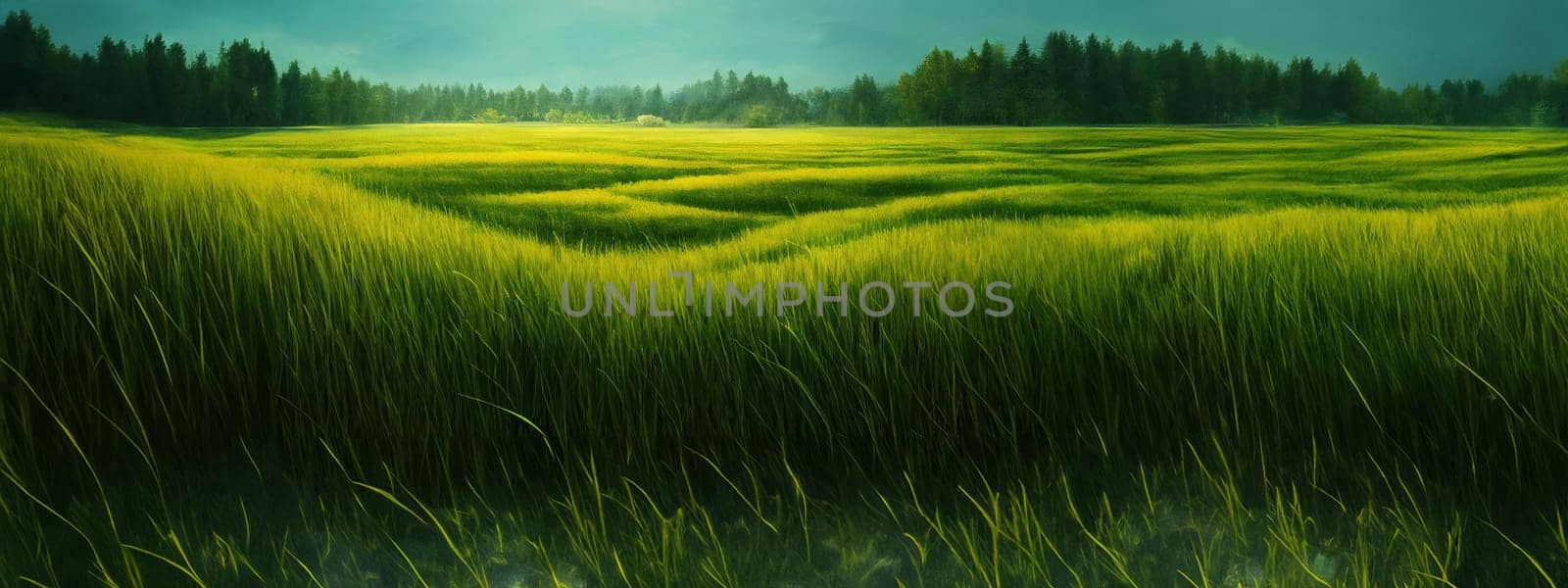 Green field, tree and blue sky.Great as a background,web banner. Generative AI. by Benzoix