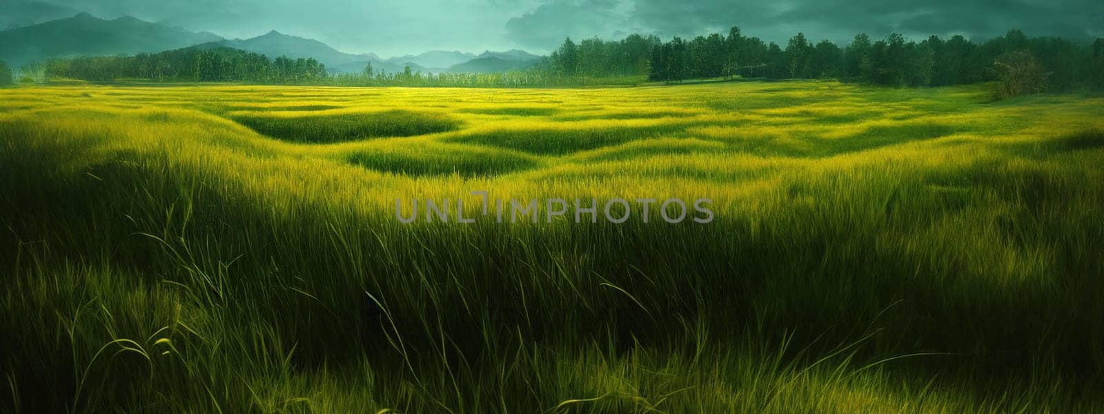 Green field, tree and blue sky.Great as a background,web banner. Generative AI. by Benzoix