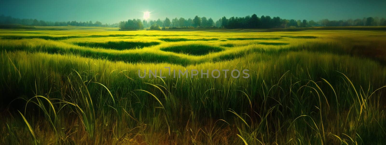 Green field, tree and blue sky.Great as a background,web banner. Generative AI