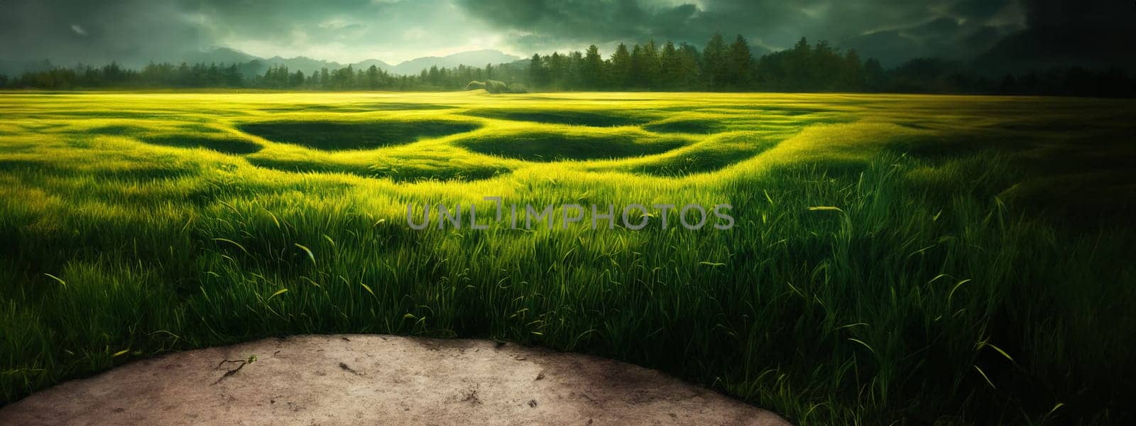 Green field, tree and blue sky.Great as a background,web banner. Generative AI. by Benzoix