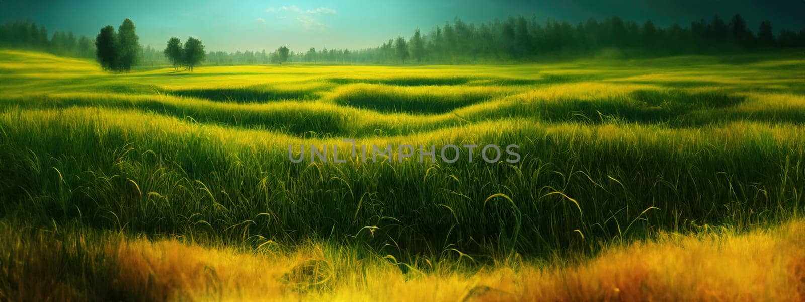 Green field, tree and blue sky.Great as a background,web banner. Generative AI. by Benzoix