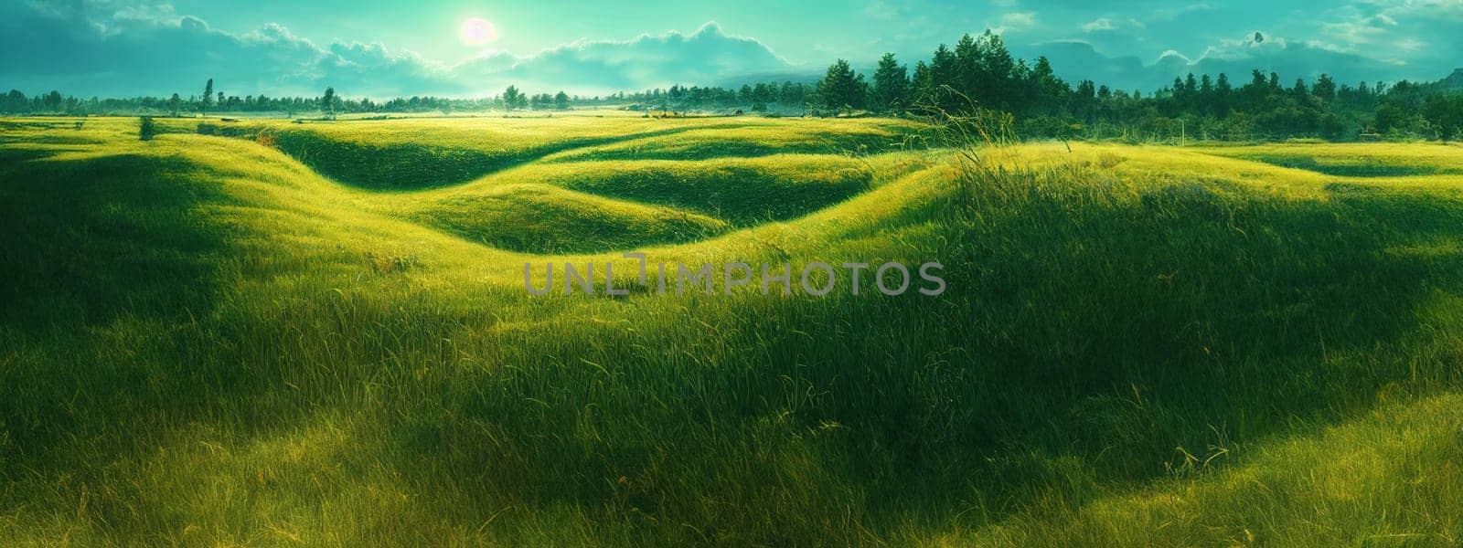 Green field, tree and blue sky.Great as a background,web banner. Generative AI. by Benzoix