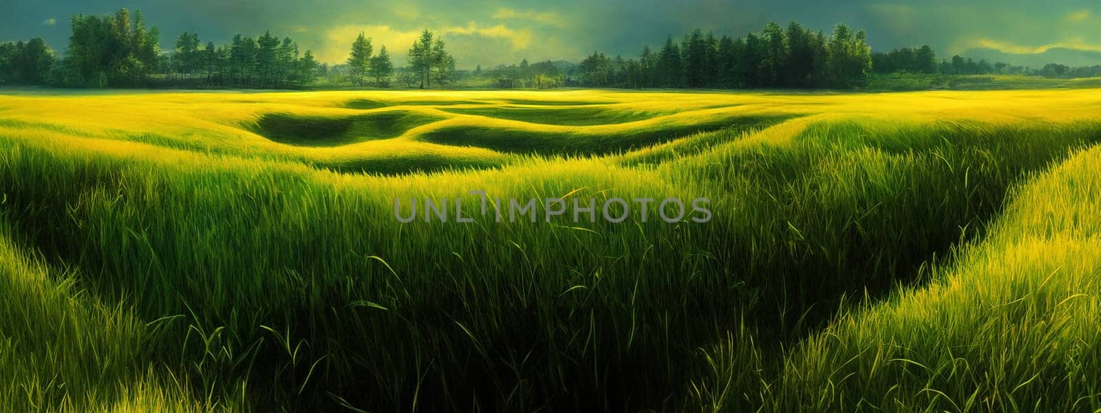 Green field, tree and blue sky.Great as a background,web banner. Generative AI. by Benzoix