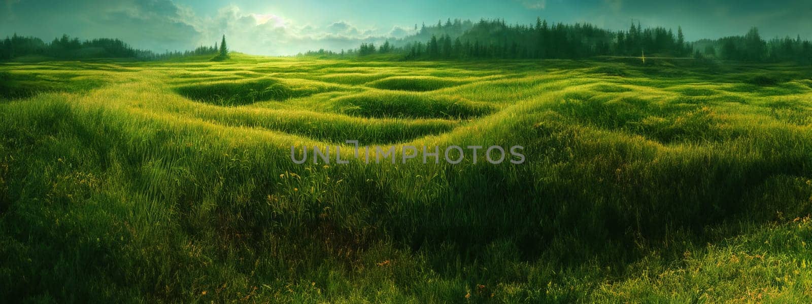 Green field, tree and blue sky.Great as a background,web banner. Generative AI. by Benzoix