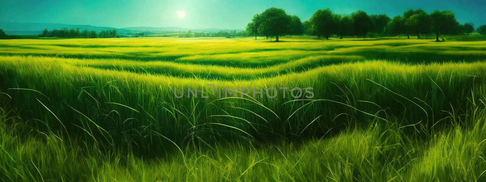 Green field, tree and blue sky.Great as a background,web banner. Generative AI. by Benzoix