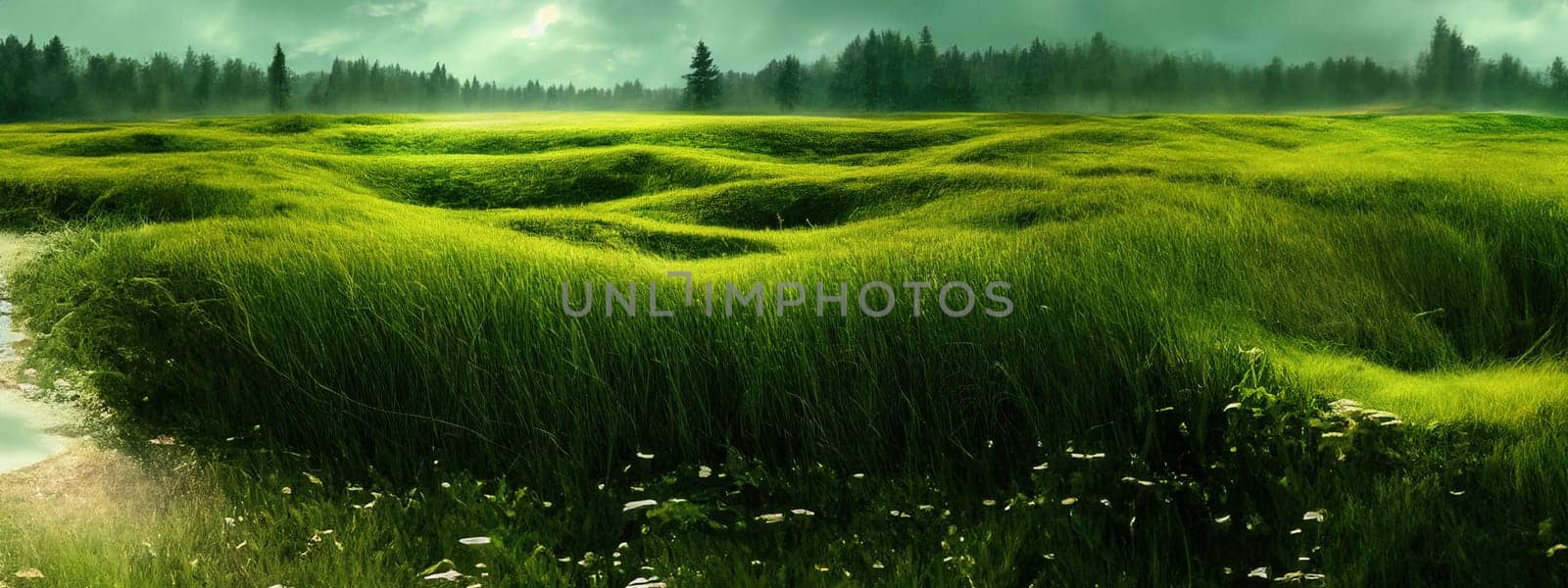 Green field, tree and blue sky.Great as a background,web banner. Generative AI. by Benzoix