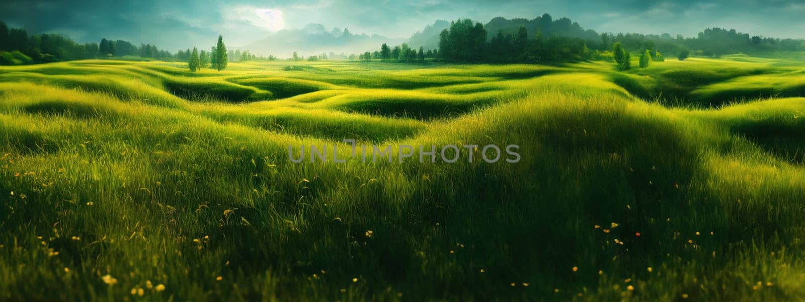 Green field, tree and blue sky.Great as a background,web banner. Generative AI. by Benzoix