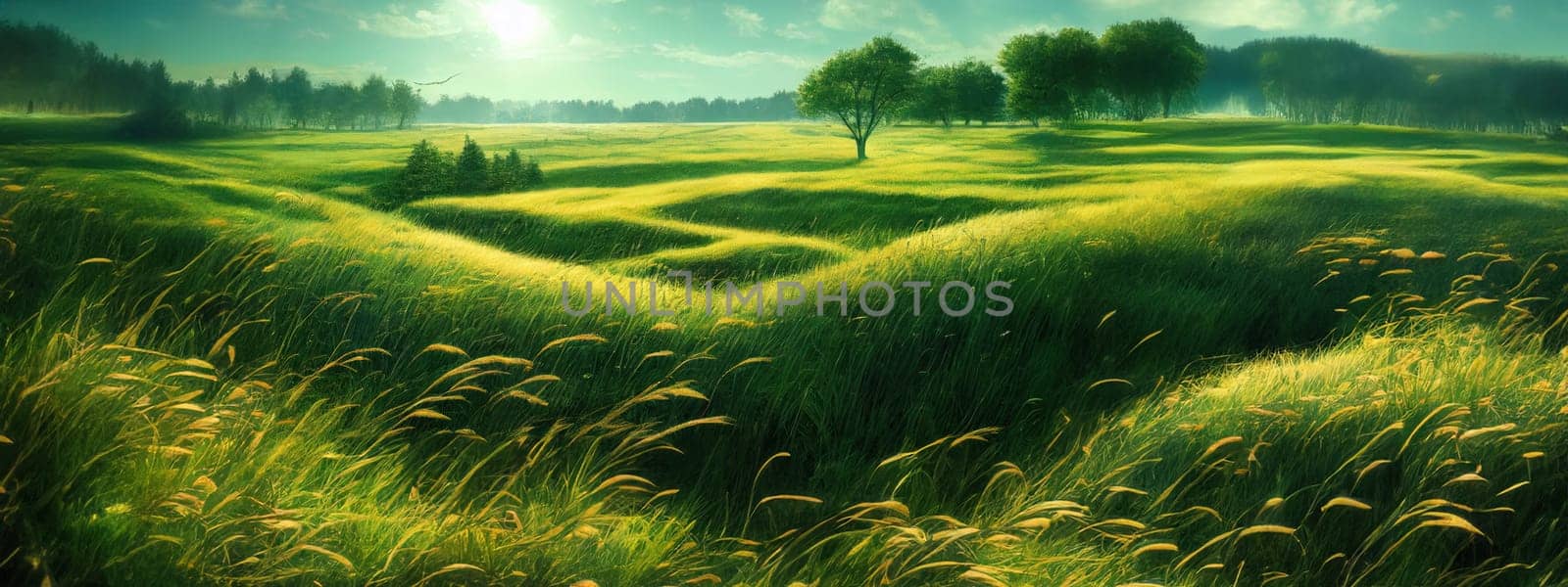 Green field, tree and blue sky.Great as a background,web banner. Generative AI. by Benzoix