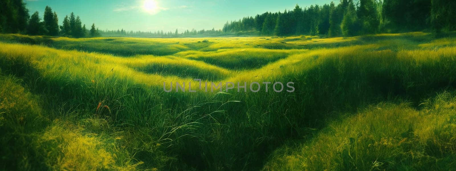 Green field, tree and blue sky.Great as a background,web banner. Generative AI. by Benzoix