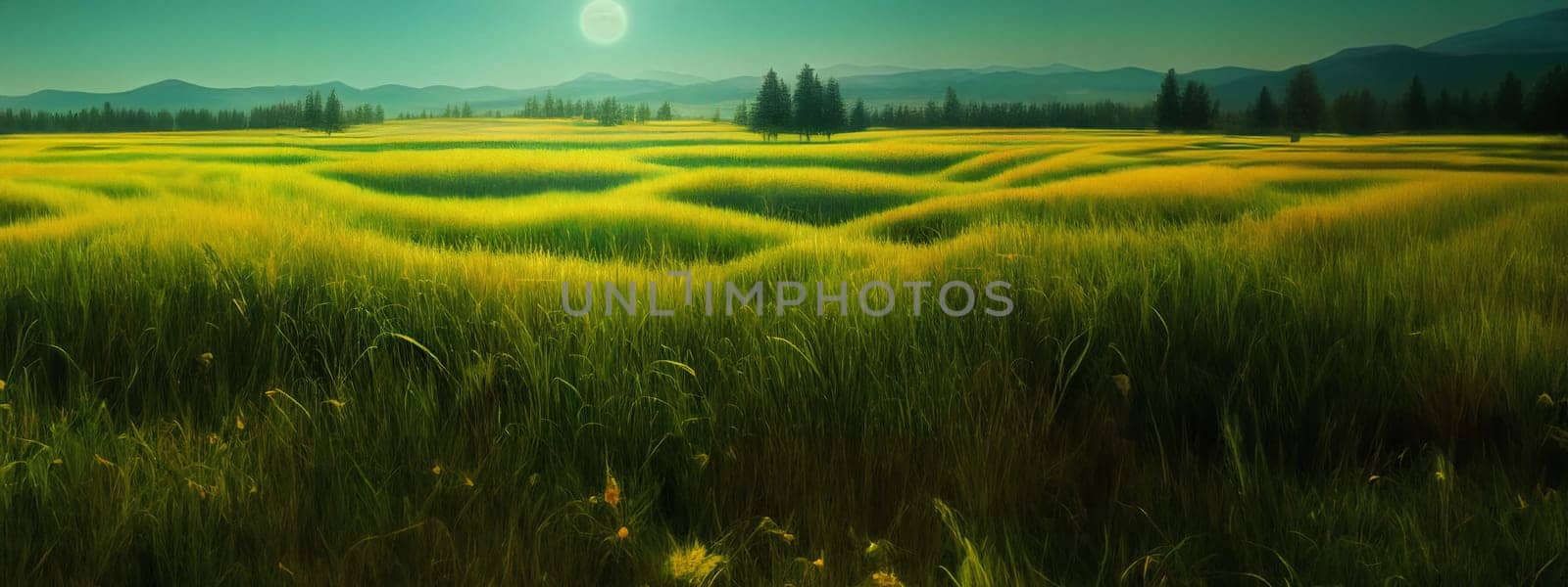 Green field, tree and blue sky.Great as a background,web banner. Generative AI. by Benzoix