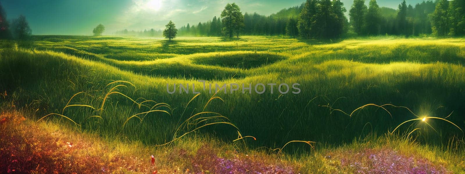 Green field, tree and blue sky.Great as a background,web banner. Generative AI