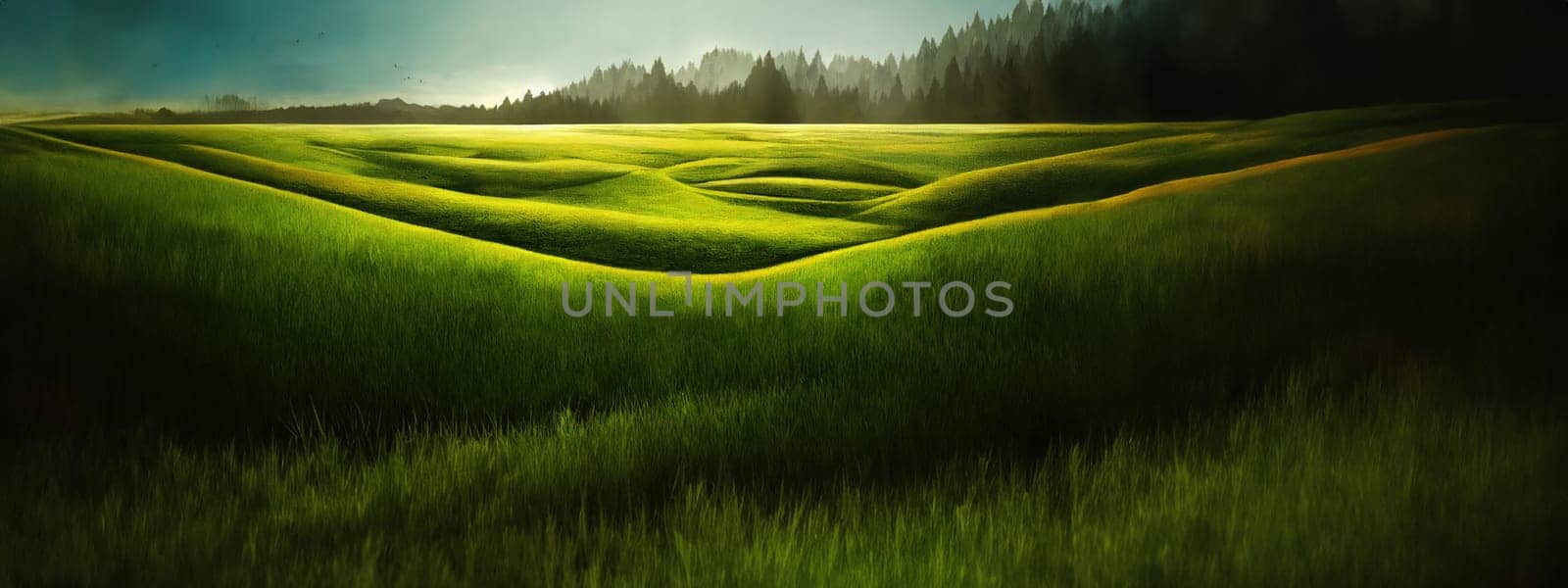 Green field, tree and blue sky.Great as a background,web banner. Generative AI. by Benzoix