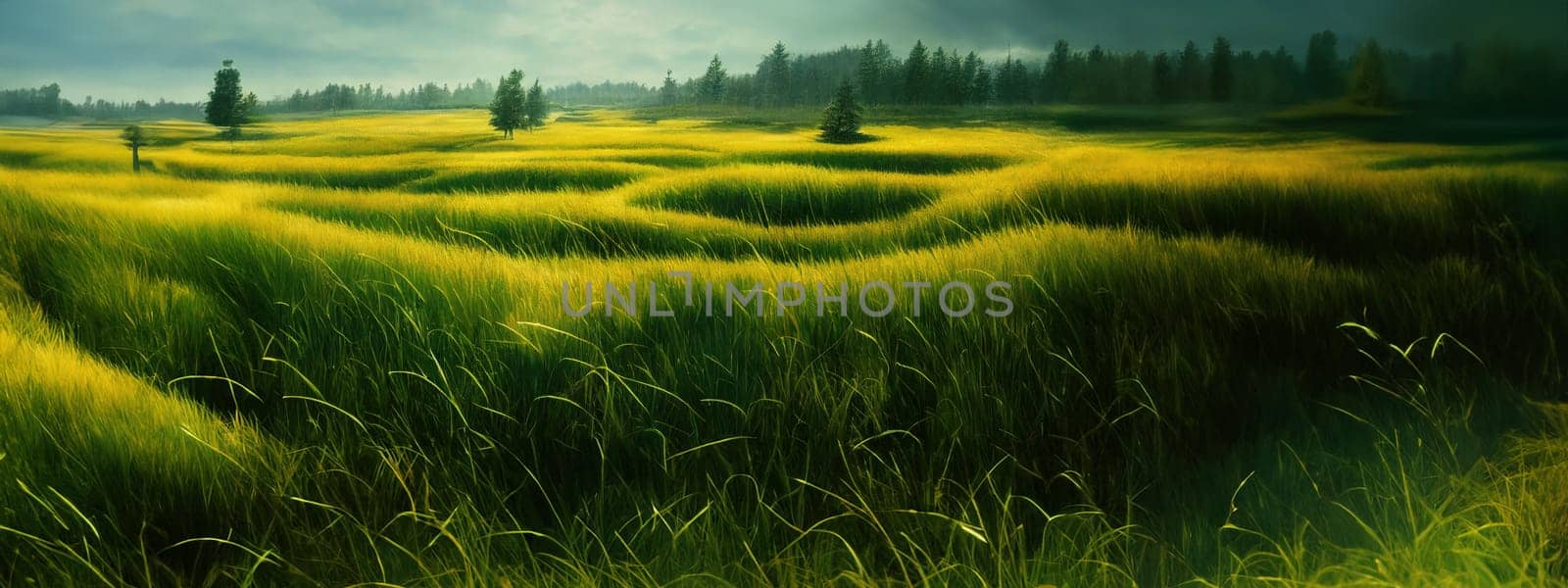 Green field, tree and blue sky.Great as a background,web banner. Generative AI