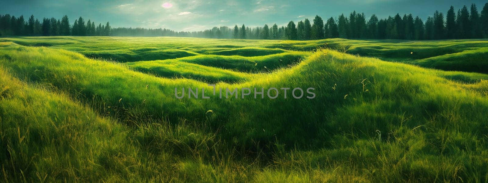 Green field, tree and blue sky.Great as a background,web banner. Generative AI. by Benzoix