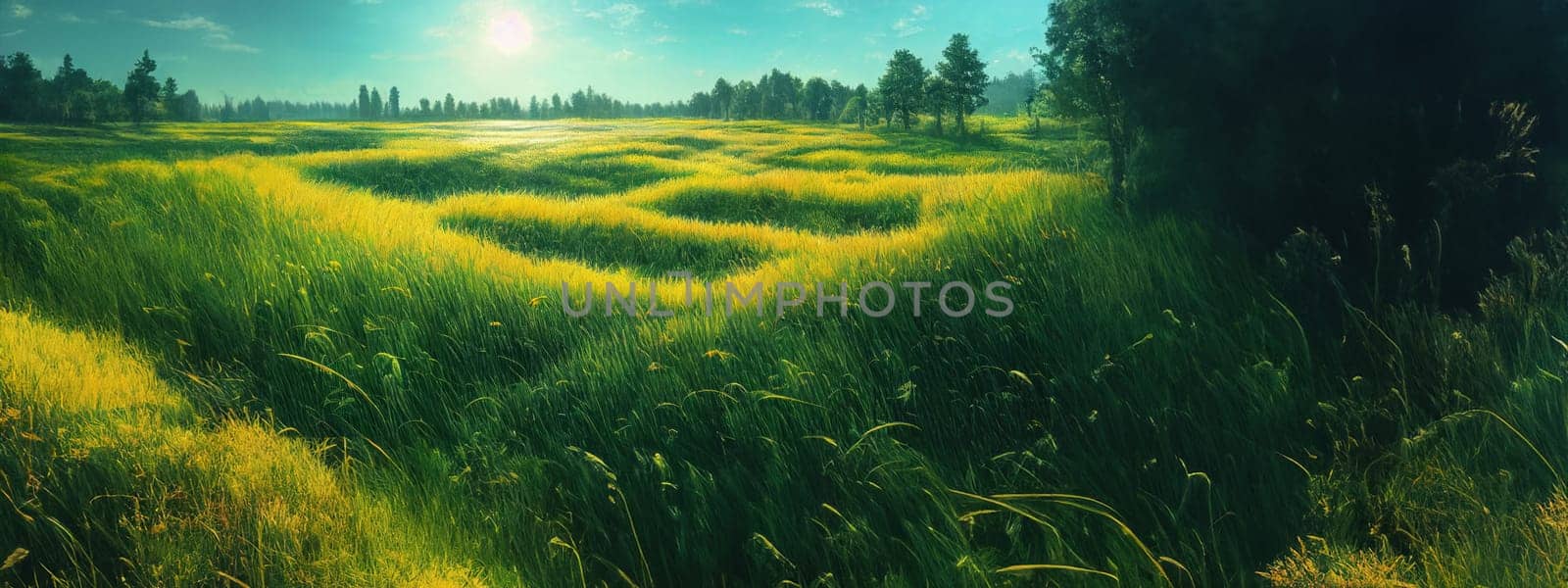 Green field, tree and blue sky.Great as a background,web banner. Generative AI