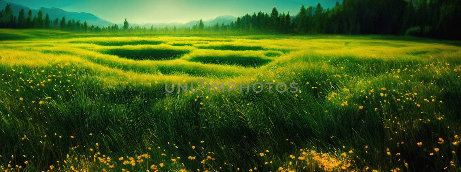 Green field, tree and blue sky.Great as a background,web banner. Generative AI. by Benzoix