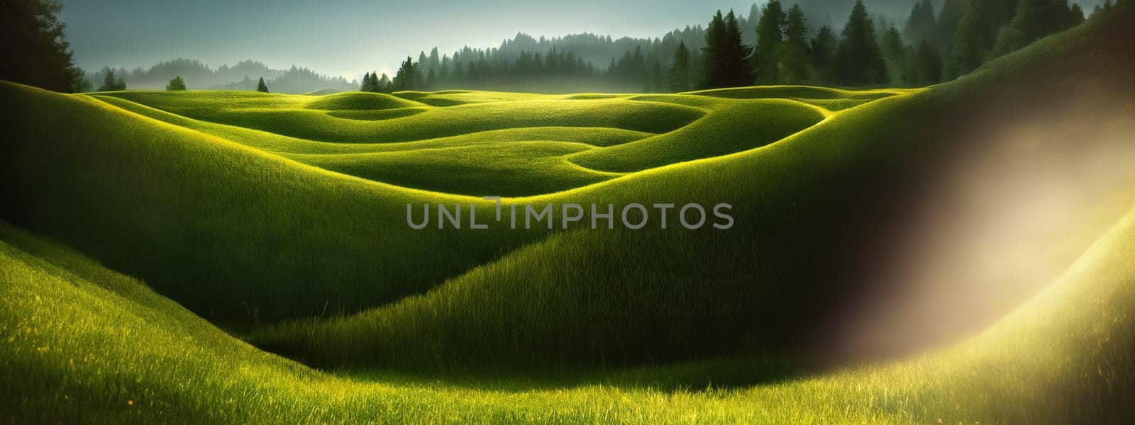 Green field, tree and blue sky.Great as a background,web banner. Generative AI. by Benzoix