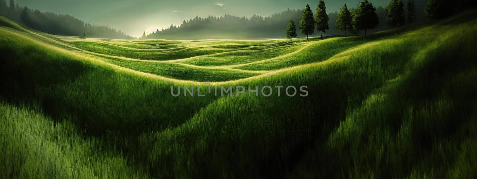 Green field, tree and blue sky.Great as a background,web banner. Generative AI. by Benzoix