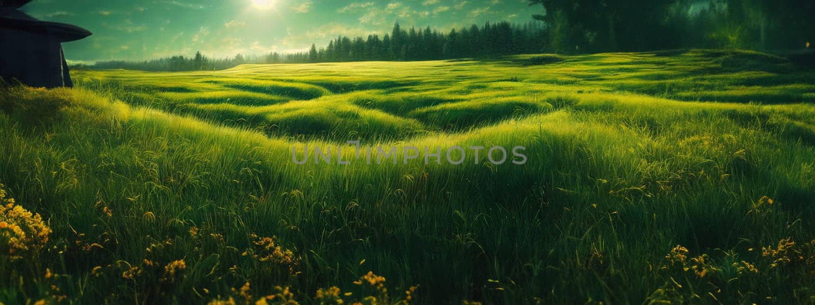 Green field, tree and blue sky.Great as a background,web banner. Generative AI