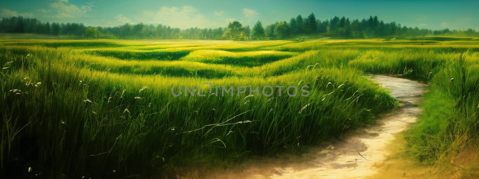 Green field, tree and blue sky.Great as a background,web banner. Generative AI. by Benzoix