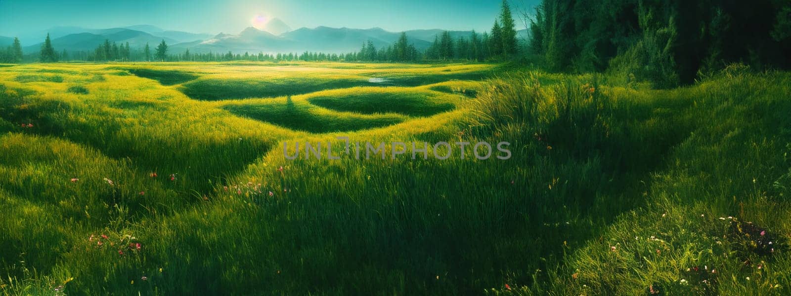 Green field, tree and blue sky.Great as a background,web banner. Generative AI