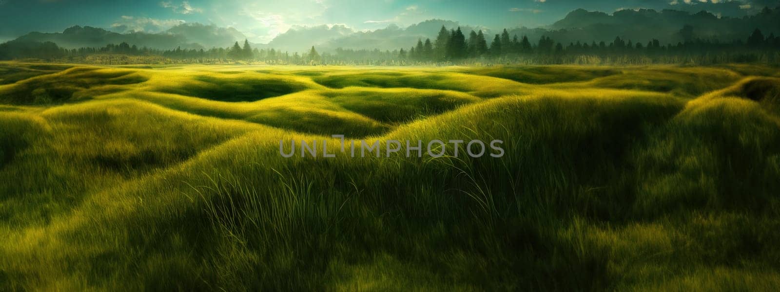 Green field, tree and blue sky.Great as a background,web banner. Generative AI. by Benzoix