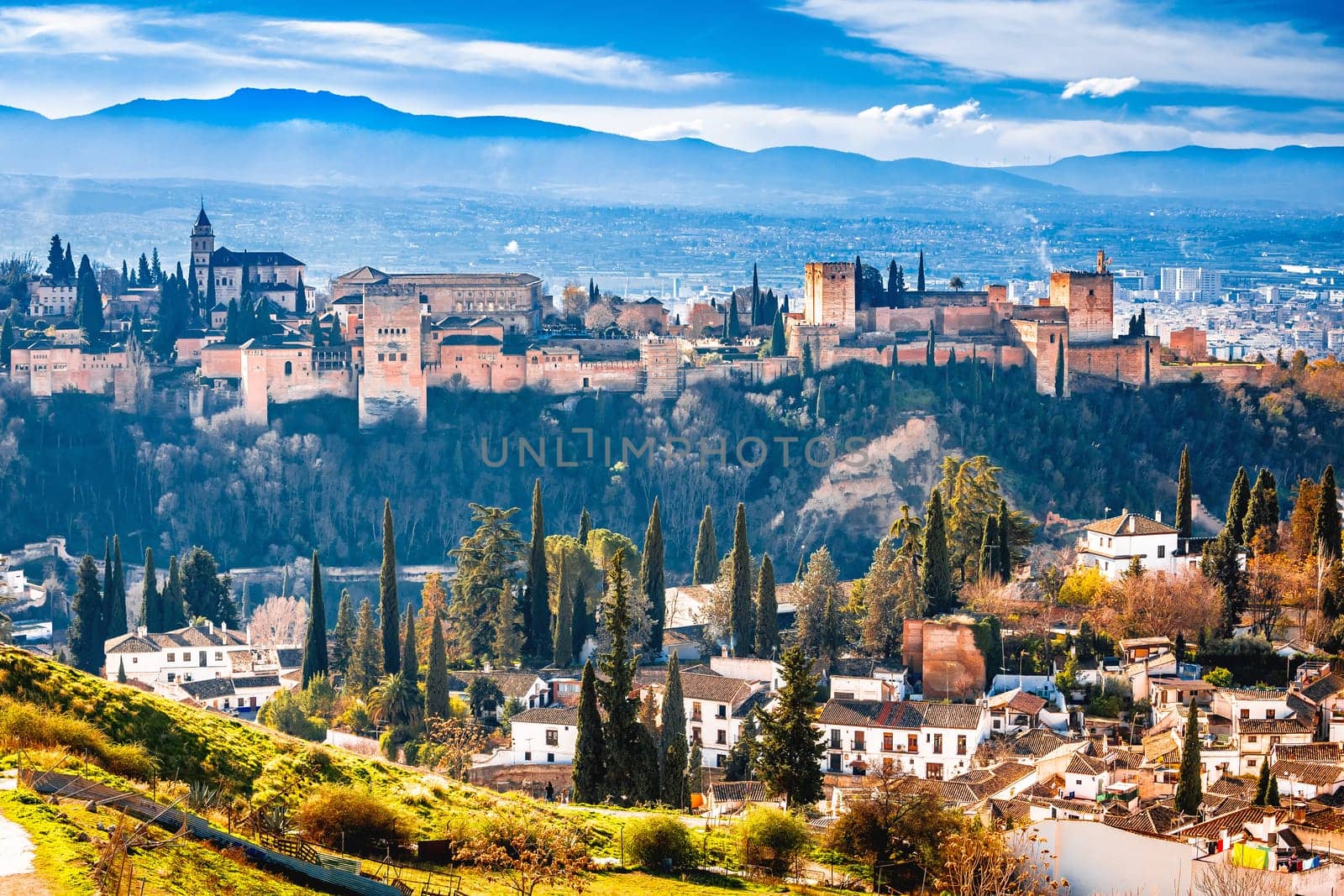 Ancient Alhambra and Sierra Nevada mountain view, UNESCO world heritage site in Granada by xbrchx