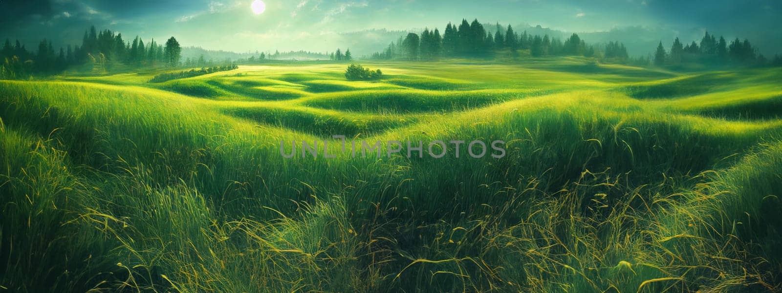 Green field, tree and blue sky.Great as a background,web banner. Generative AI. by Benzoix