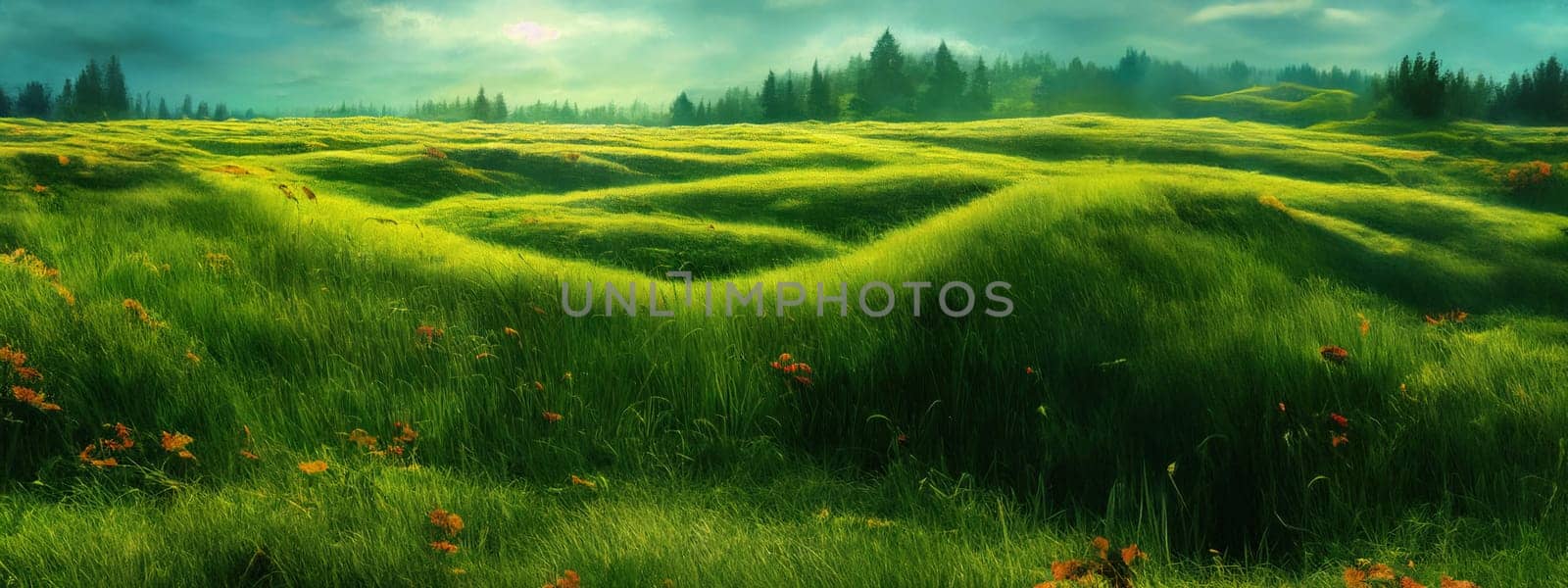 Green field, tree and blue sky.Great as a background,web banner. Generative AI. by Benzoix