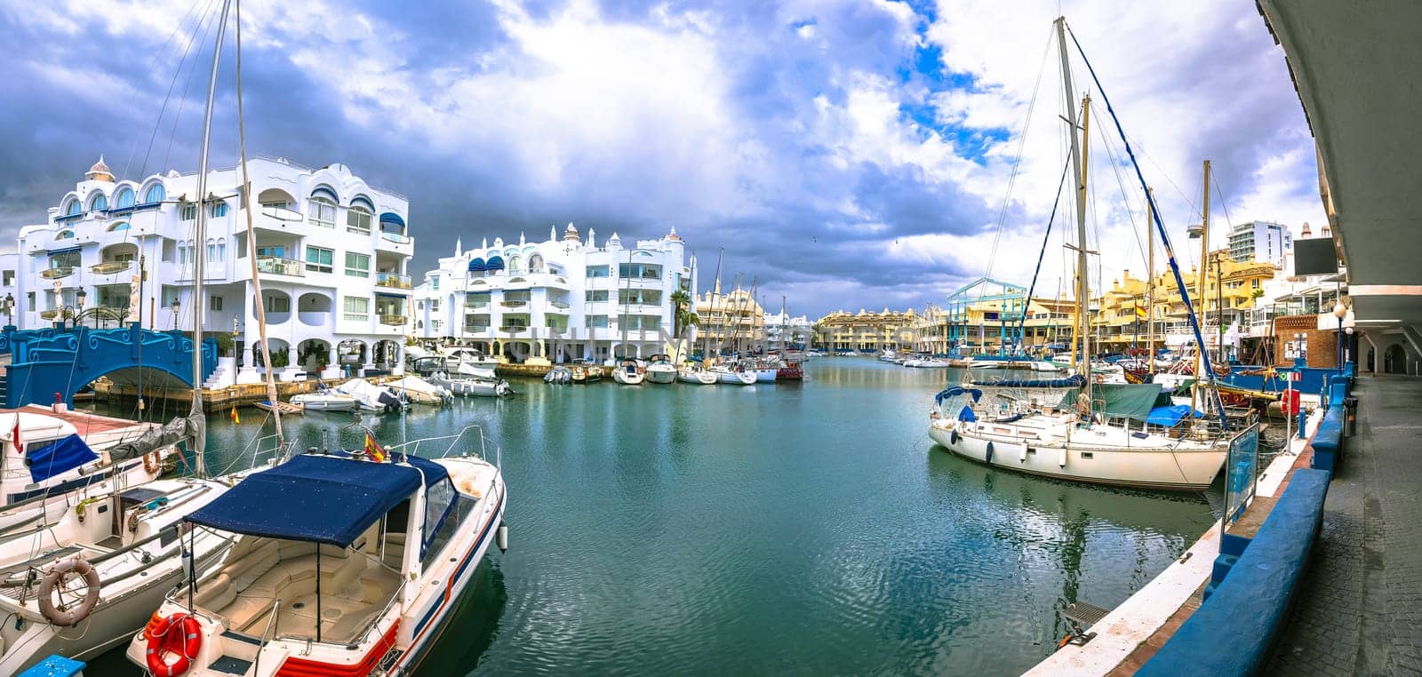 Benalmadena scenic port architecture panoramic view, Andalusia region, southern Spain