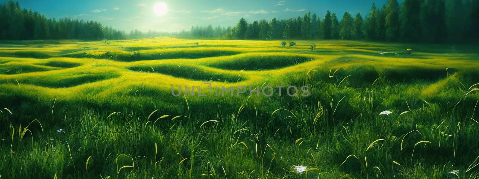 Green field, tree and blue sky.Great as a background,web banner. Generative AI. by Benzoix