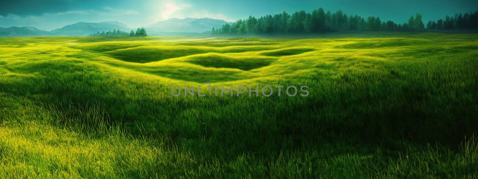 Green field, tree and blue sky.Great as a background,web banner. Generative AI. by Benzoix