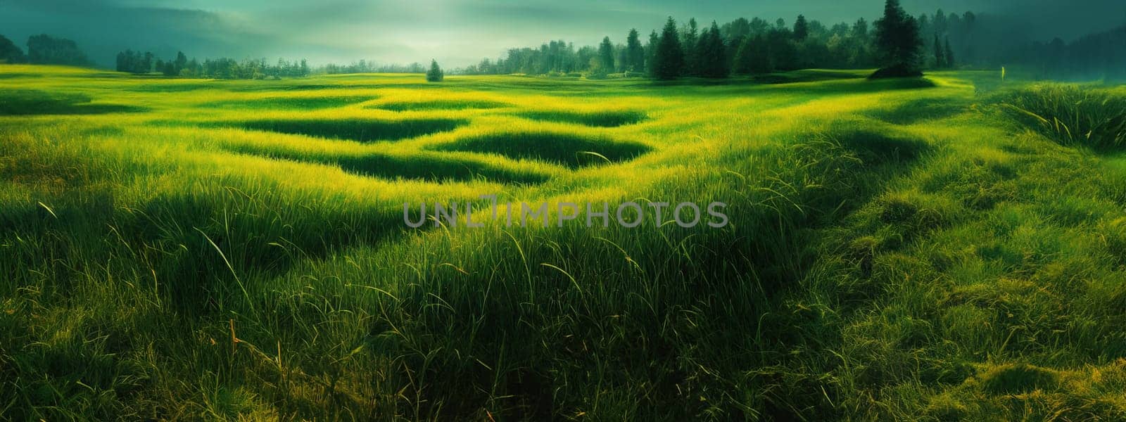 Green field, tree and blue sky.Great as a background,web banner. Generative AI. by Benzoix