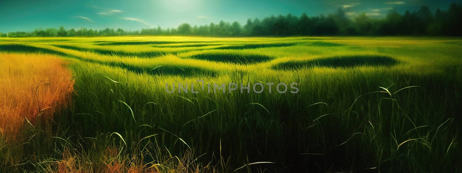 Green field, tree and blue sky.Great as a background,web banner. Generative AI. by Benzoix