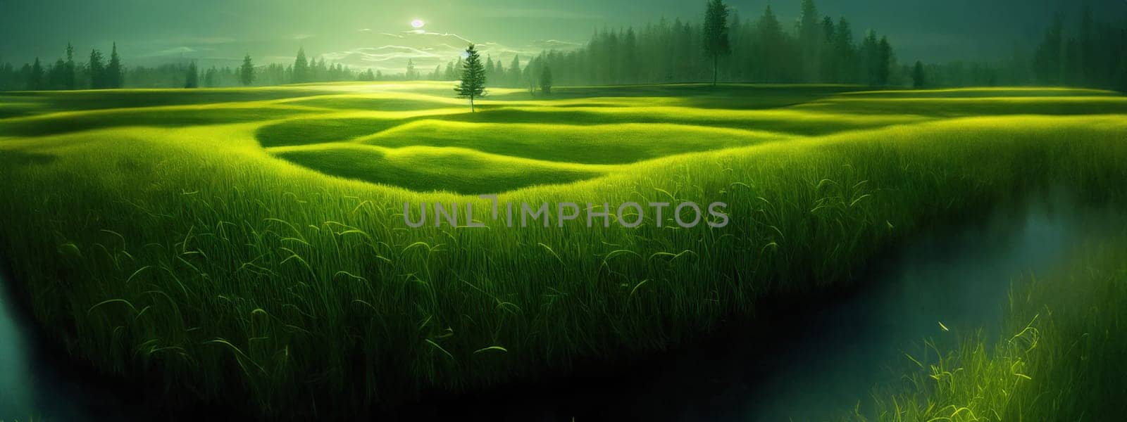 Green field, tree and blue sky.Great as a background,web banner. Generative AI