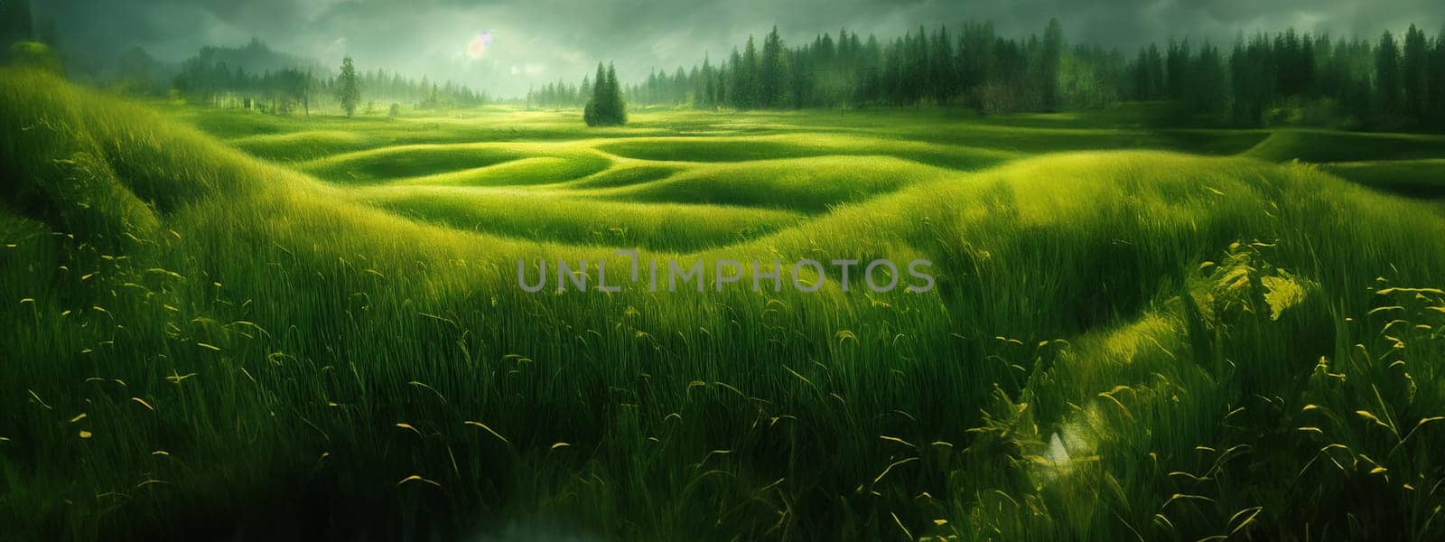 Green field, tree and blue sky.Great as a background,web banner. Generative AI. by Benzoix