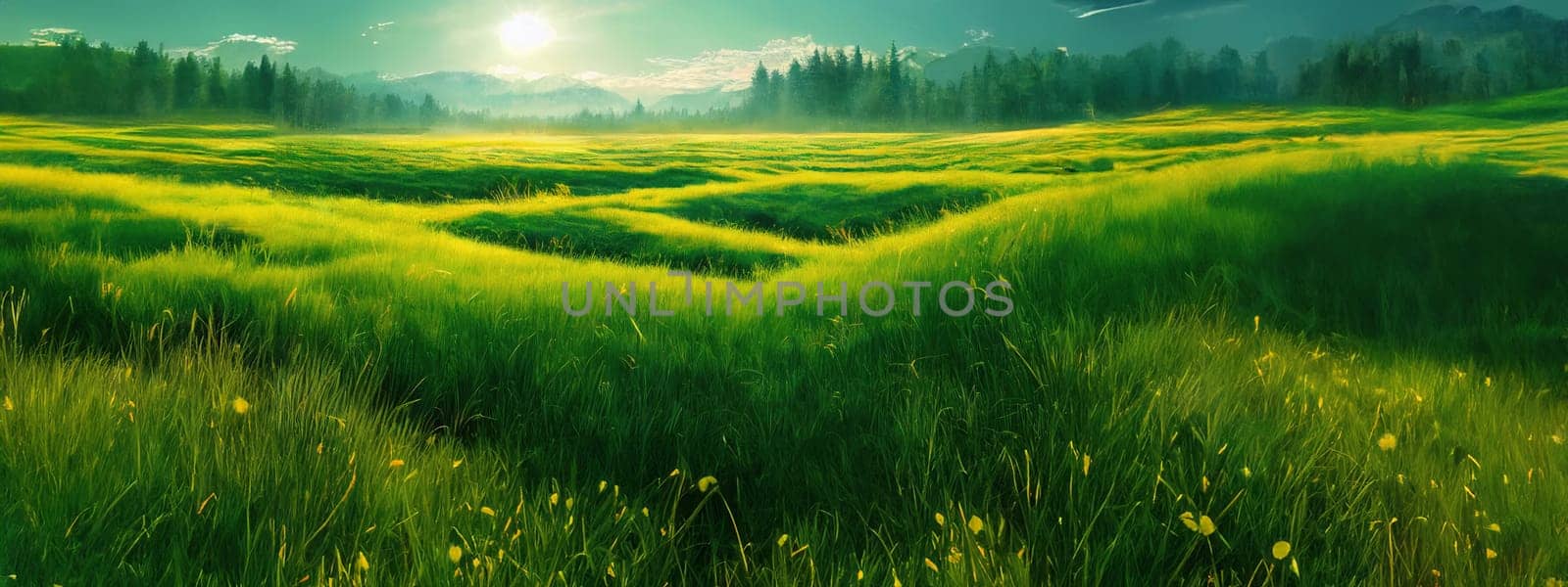 Green field, tree and blue sky.Great as a background,web banner. Generative AI