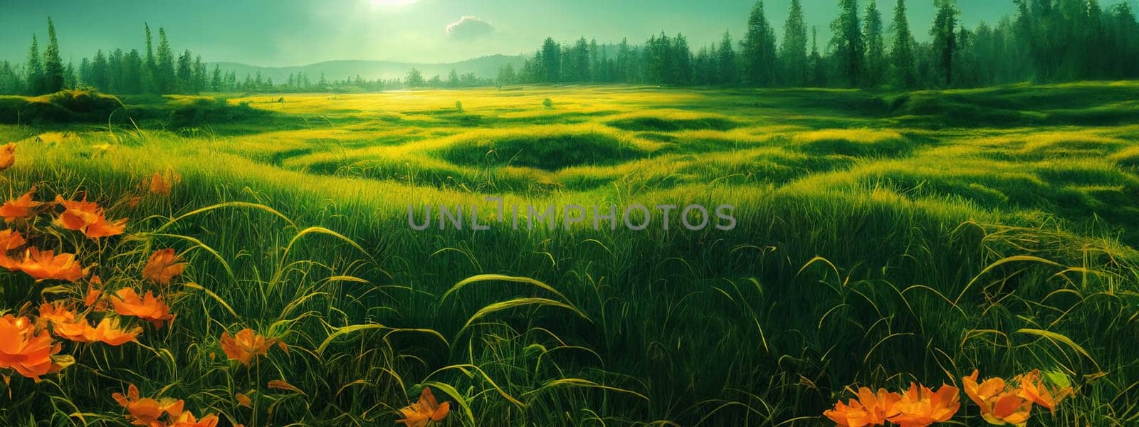 Green field, tree and blue sky.Great as a background,web banner. Generative AI. by Benzoix