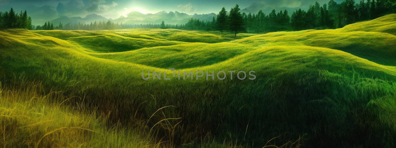 Green field, tree and blue sky.Great as a background,web banner. Generative AI