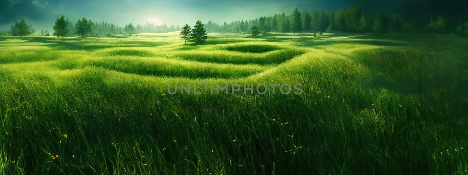 Green field, tree and blue sky.Great as a background,web banner. Generative AI. by Benzoix