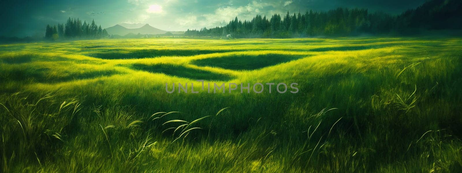 Green field, tree and blue sky.Great as a background,web banner. Generative AI. by Benzoix