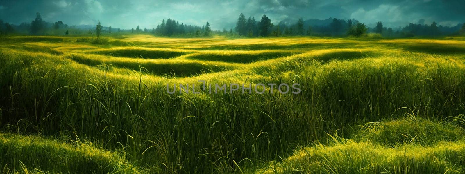 Green field, tree and blue sky.Great as a background,web banner. Generative AI. by Benzoix