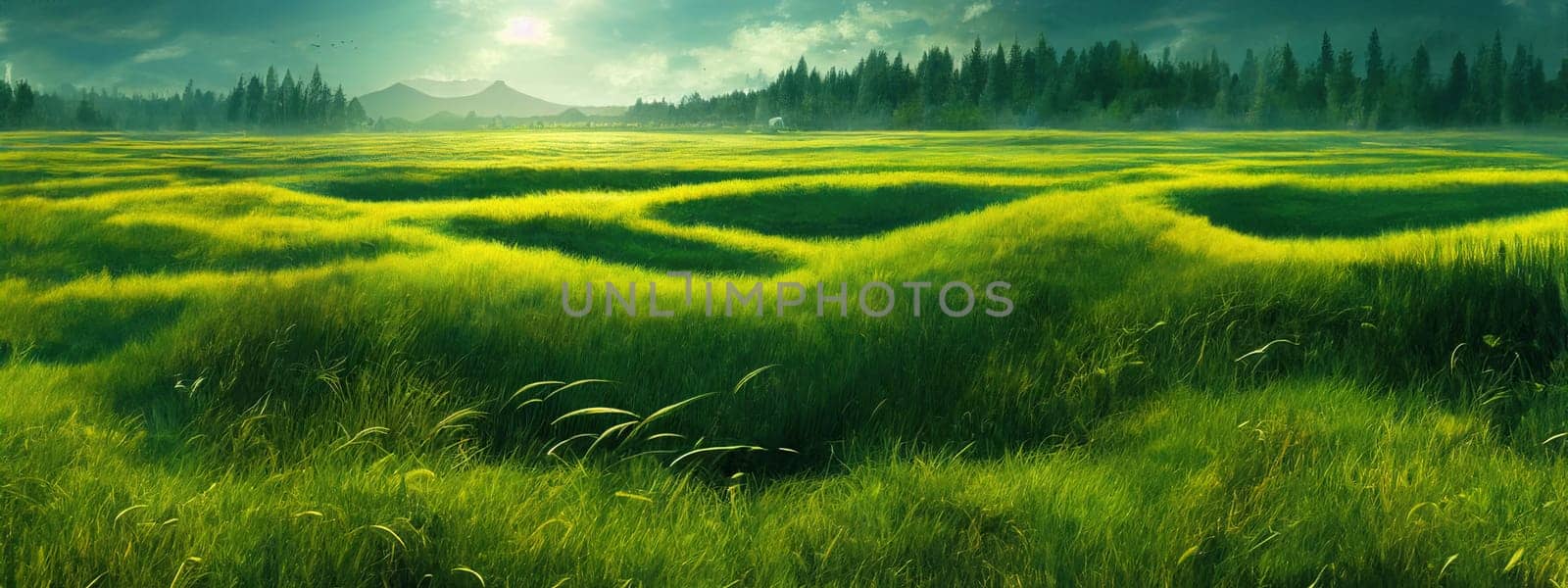 Green field, tree and blue sky.Great as a background,web banner. Generative AI