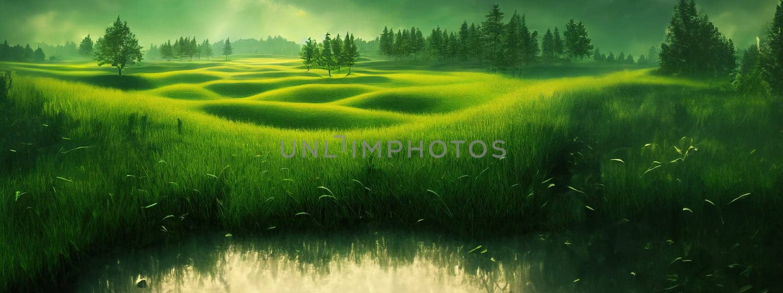 Green field, tree and blue sky.Great as a background,web banner. Generative AI. by Benzoix