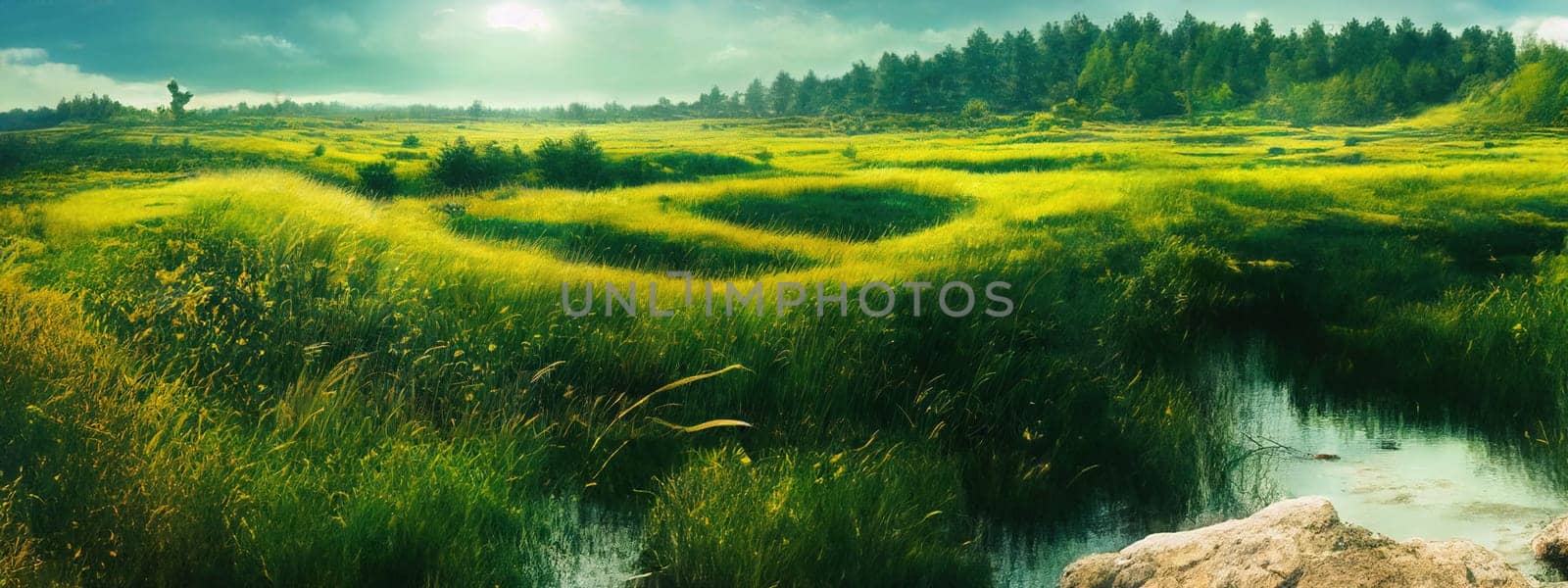 Green field, tree and blue sky.Great as a background,web banner. Generative AI. by Benzoix