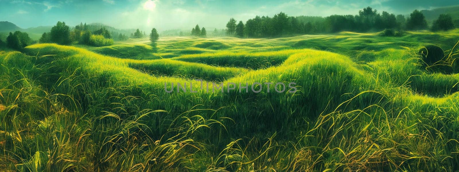 Green field, tree and blue sky.Great as a background,web banner. Generative AI. by Benzoix